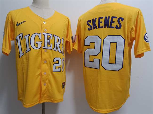Men%27s LSU Tigers #20 Paul Skenes Gold 2023 Stitched Baseball Jersey Dzhi